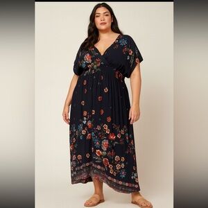 Johnny Was Ardell Black Floral Smocked Waist Maxi Dress Woman 3X Boho Resortwear